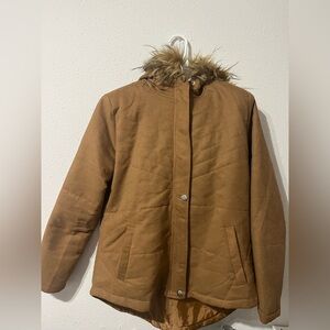 Women's Brown Quilted Jacket with Faux Fur Hood